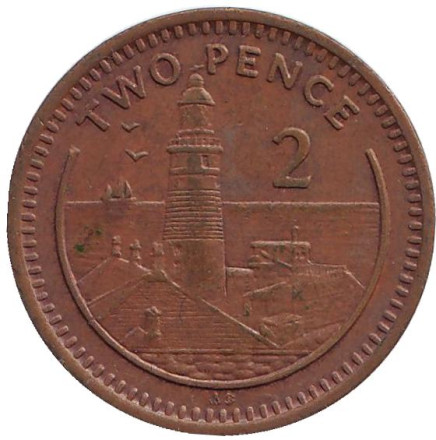 Монета 2 пенса. 1990 год, Гибралтар. (Отметка "AB") Маяк.