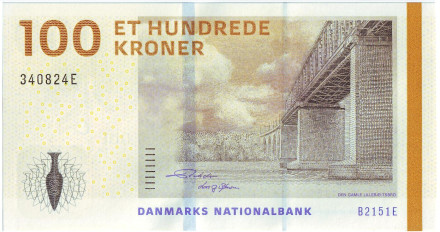 Банкнота 100 крон. 2015 (2009) год, Дания. Мост Малый Бельт.