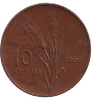 Монета 10 курушей. 1966 год, Турция. Стебли овса. Монета 10 курушей. 1966 год, Турция. Стебли овса.