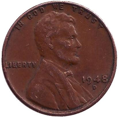 Монета 1 цент. 1948 год (D), США. Линкольн.