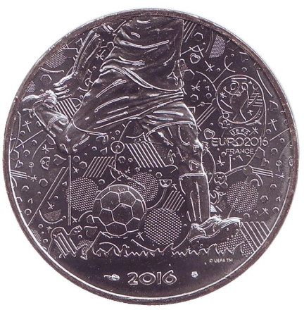 Монета 10 евро. 2016 год, Франция. Чемпионат Европы по футболу 2016. Удар.