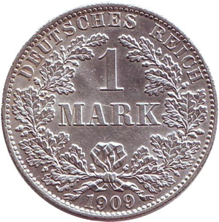 Монета 1 марка. 1909 год (A), Германская империя.
