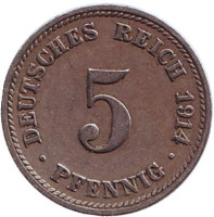Монета 5 пфеннигов. 1914 год (D), Германская империя.