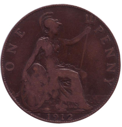Монета 1 пенни. 1912 год, Великобритания. (Отметка: "H")