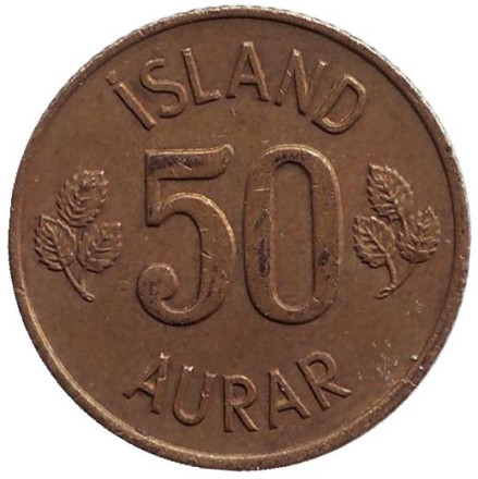 Монета 50 аураров, 1974 год, Исландия. Из обращения.