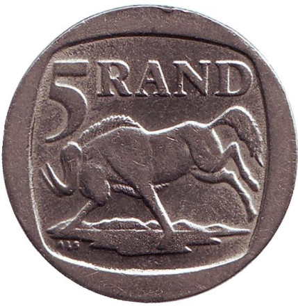 Монета 5 рандов. 1995 год, ЮАР. Антилопа гну.