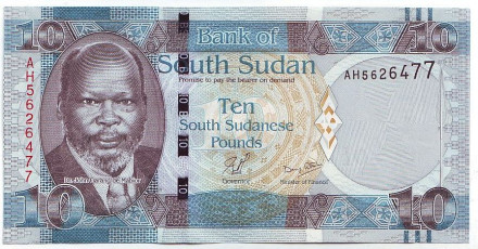 Банкнота 10 фунтов. 2011 год, Южный Судан. Джон Гаранг де Мабиор. Африканский буйвол.