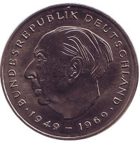 Теодор Хойс. Монета 2 марки. 1982 год (G), ФРГ. UNC.