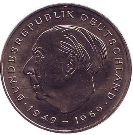 Монета 2 марки. 1982 год (G), ФРГ. UNC. Теодор Хойс.