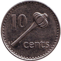 Метательная дубинка - ула тава тава. Монета 10 центов. 1999 год, Фиджи.