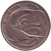 Рыба-меч. Монета 20 центов. 1974 год. Сингапур. 