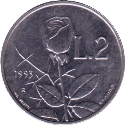Монета 2 лиры. 1993 год, Сан-Марино. Роза.
