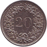 Монета 20 раппенов. 1976 год, Швейцария. Монета 20 раппенов. 1976 год, Швейцария.