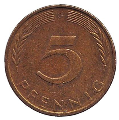 Монета 5 пфеннигов. 1972 год (G), ФРГ. Дубовые листья.