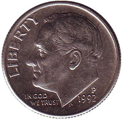 Монета 10 центов. 1992 (P) год, США. Рузвельт.