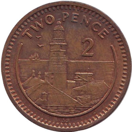 Монета 2 пенса. 1991 год, Гибралтар. (Отметка "AB") Маяк.