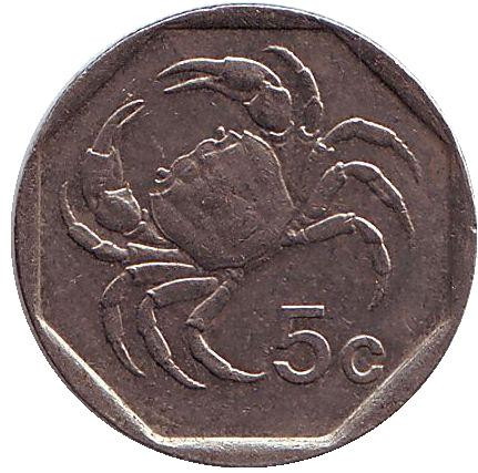 Монета 5 центов. 1995 год. Мальта. Краб.
