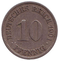 Монета 10 пфеннигов. 1901 год (A), Германская империя.