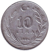 Монета 10 лир. 1986 год, Турция. Монета 10 лир. 1986 год, Турция.