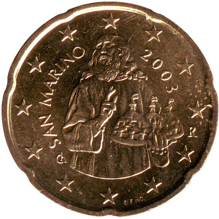Монета 20 центов, 2003 год, Сан-Марино.