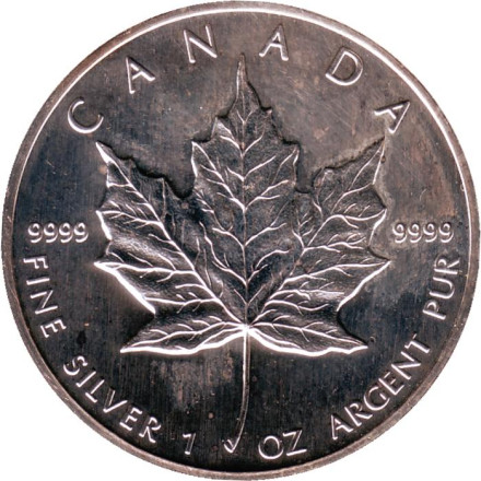 Монета 5 долларов. 1990 год, Канада. Кленовый лист.