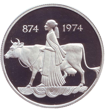 Монета 500 крон. 1974 год, Исландия. (Пруф). 1100 лет первым поселенцам.
