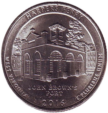 Монета 25 центов (P). 2016 год, США. Национальный исторический парк Харперс Ферри. Парк № 33.