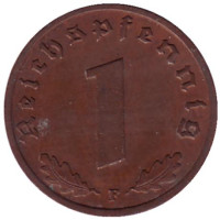 Монета 1 рейхспфенниг. 1937 год (F), Третий Рейх (Германия).
