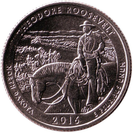Монета 25 центов (D). 2016 год, США. Национальный парк Теодор Рузвельт. Парк № 34.