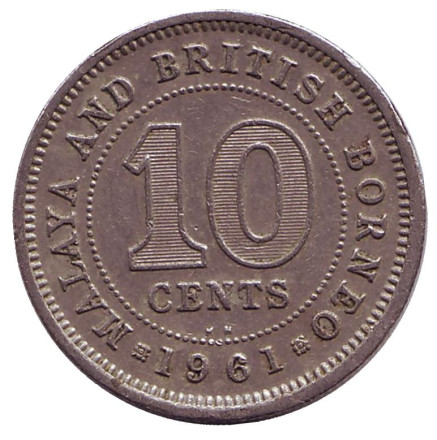 Монета 10 центов. 1961 год (KN), Малайя и Британское Борнео.