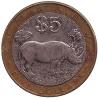 Носорог. Монета 5 долларов. 2001 год, Зимбабве.