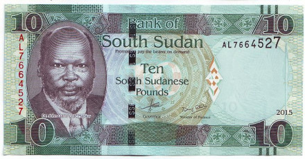 Банкнота 10 фунтов. 2015 год, Южный Судан. Джон Гаранг де Мабиор. Африканский буйвол.