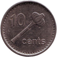 Метательная дубинка - ула тава тава. Монета 10 центов. 2009 год, Фиджи. Из обращения.