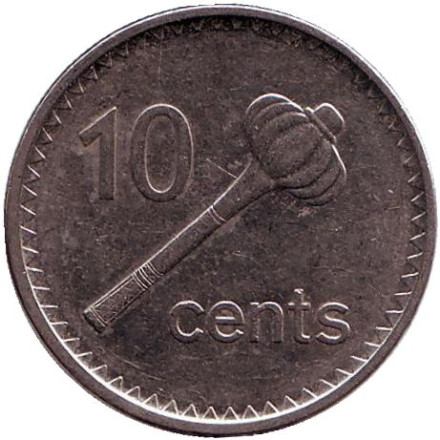 Монета 10 центов. 2009 год, Фиджи. Из обращения. Метательная дубинка - ула тава тава.