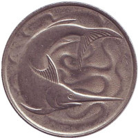 Рыба-меч. Монета 20 центов. 1977 год. Сингапур. 