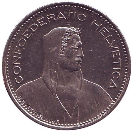 Монета 5 франков. 1999 год, Швейцария. Вильгельм Телль.