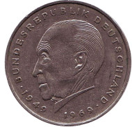 Монета 2 марки. 1970 год (J), ФРГ. Конрад Аденауэр. Монета 2 марки. 1970 год (J), ФРГ. Конрад Аденауэр.