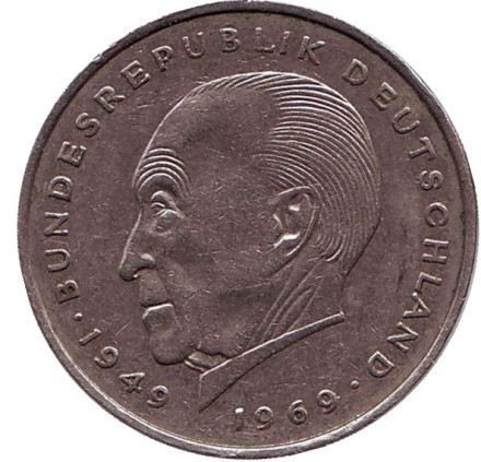 Монета 2 марки. 1970 год (J), ФРГ. Из обращения. Конрад Аденауэр.