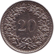 Монета 20 раппенов. 1977 год, Швейцария. Монета 20 раппенов. 1977 год, Швейцария.