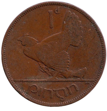 Монета 1 пенни. 1928 год, Ирландия. Птица. Ирландская арфа.