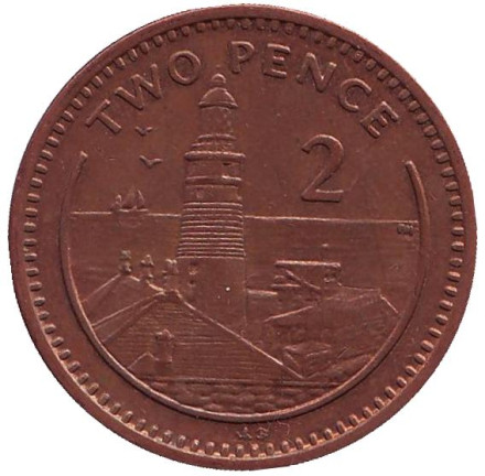 Монета 2 пенса. 1999 год, Гибралтар. (Отметка "AB") Маяк.