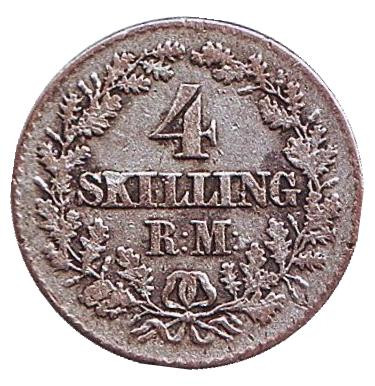 Монета 4 скиллинг-ригсмёнта. 1856 год, Дания.
