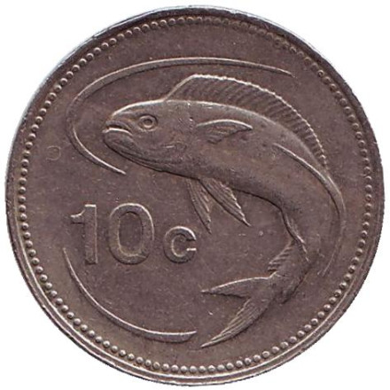 Монета 10 центов. 1991 год, Мальта. Золотистая макрель.