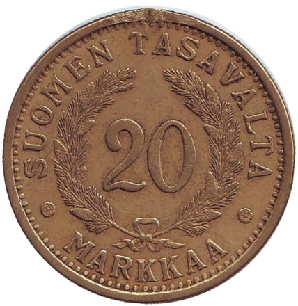 Монета 20 марок. 1936 год, Финляндия. Состояние - F.