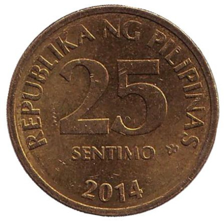 Монета 25 сентимо. 2014 год, Филиппины.