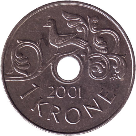 Монета 1 крона. 2001 год, Норвегия. Со звездой. Птица на виноградной лозе.
