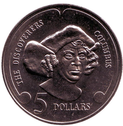 Монета 5 долларов. 1992 год, Новая Зеландия. Христофор Колумб. Серия "Первооткрыватели".