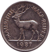 Олень. Сивусагур Рамгулам. Монета 1/2 рупии. 1987 год, Маврикий. 