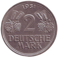 Монета 2 марки. 1951 год (G), ФРГ. Монета 2 марки. 1951 год (G), ФРГ.