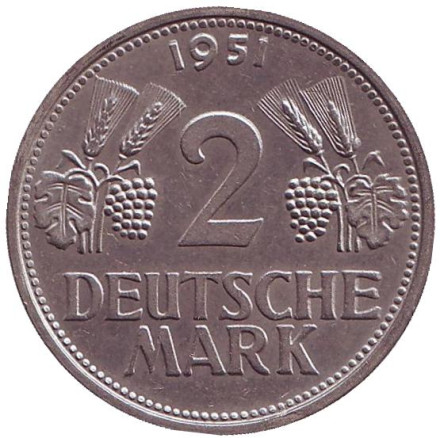 Монета 2 марки. 1951 год (G), ФРГ.